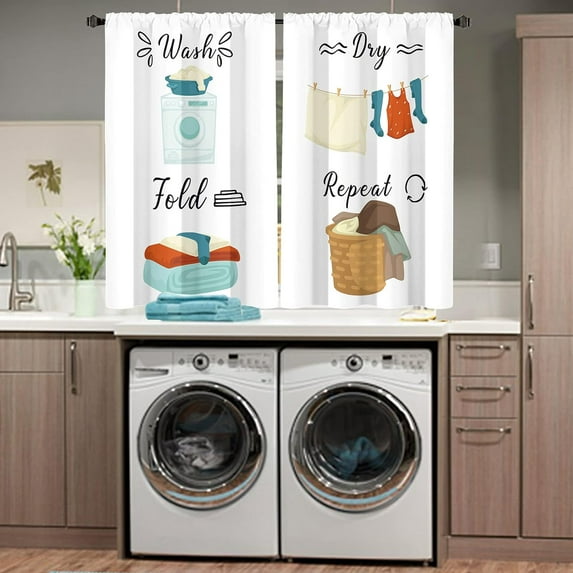 Laundry Room Daily Routine Curtains 2 Panels 27.5W x 39H Rod Pocket Drawn Dry Wash Fold Repeat Cute Polyester Window Drapery Treatment