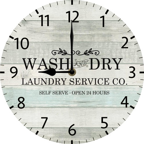 Laundry Room Decor Wall Clock Funny Laundry Wooden Sign Open 24 Hrs Wash Dry Fold Repeat Farmhouse Wooden Clock 10 Inch Silent Battery Operated Non Ticking Easy to Read 10x10 Inch Round