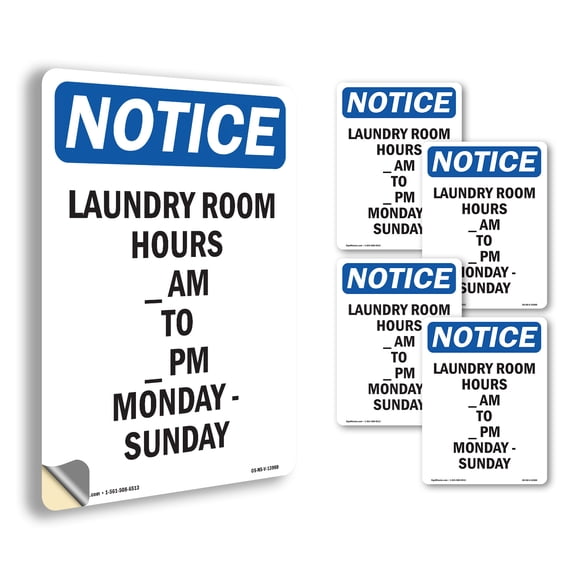 Laundry Room Hours ____ Am To OSHA Notice Vinyl Decal Label 5 Inch x 3.5 Inch - 5 Pack