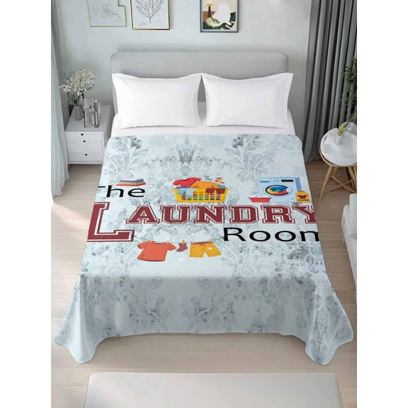 Laundry Room King Size Flat Sheet, Wrinkleproof & Fadeproof Cooling Flat Bed Sheet Only, Blue Cartoon Washing Machine Clothes Breathable Soft Bedding Top Sheets 105 x 98 Inches