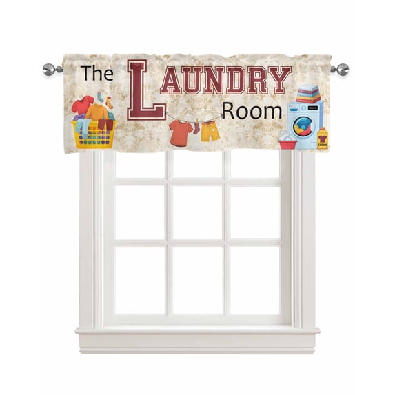 Laundry Room Kitchen Valances for Windows Farmhouse Linen Window Valance Curtain for Living Room Window Treatment Rustic Farmhouse Washing Machine Clothes Valance Rod Pocket Topper, 42 x 12 Inch