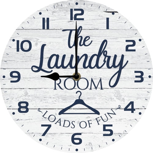 Laundry Room Loads Of Fun Farmhouse Style Wood Wall Decor Clock Bathroom Sign Rustic Wooden Clock 10 Inch Silent Battery Operated Non Ticking Easy to Read 10x10 Inch Round