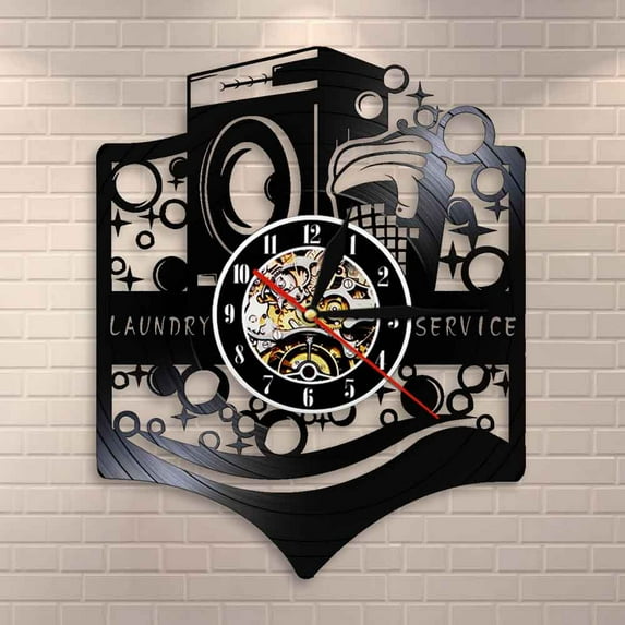Laundry Room Logo Business Sign Wall Clock Washing Machine Laundry Service Wash Clean Clothes Maid Service Vinyl Record Clock