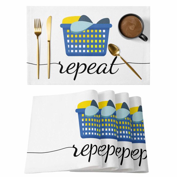 Laundry Room Minimalist Placemats Set of 6,Wipeable Washable Table Mats for Dining Tables, Blue Laundry Basket Place Mats for Kitchen Event Party Tabletop Decor