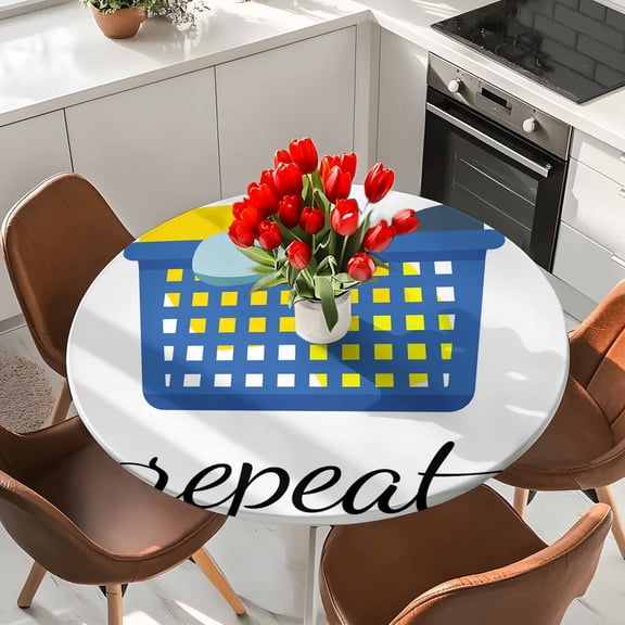 Laundry Room Minimalist Round Fitted Tablecloth with Elastic Edge,Waterproof Table Cloth Fits Tables Up to 36"-44",Wipeable Washable Table Cover for Indoor Outdoor Dinning Party,Blue Laundry Basket