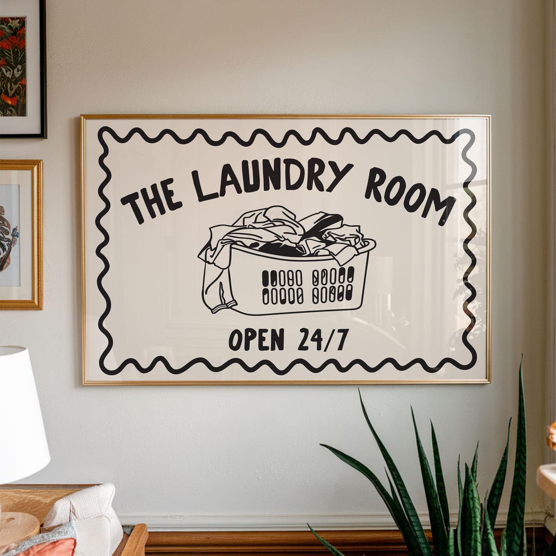 The Laundry Room Open 24/7 Art Poster, Retro Neutral Black And Cream ...