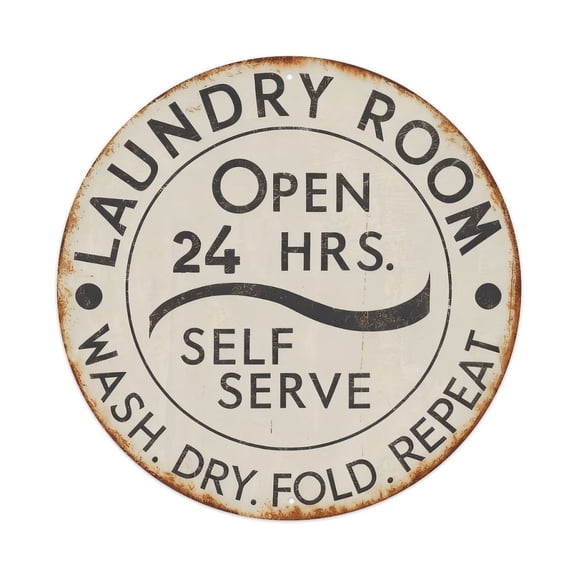 Laundry Room Open 24 Hours Round Tin Sign Vintage Metal Poster Living Room Bar Man Cave Home Wall Art Decor 8x8inch