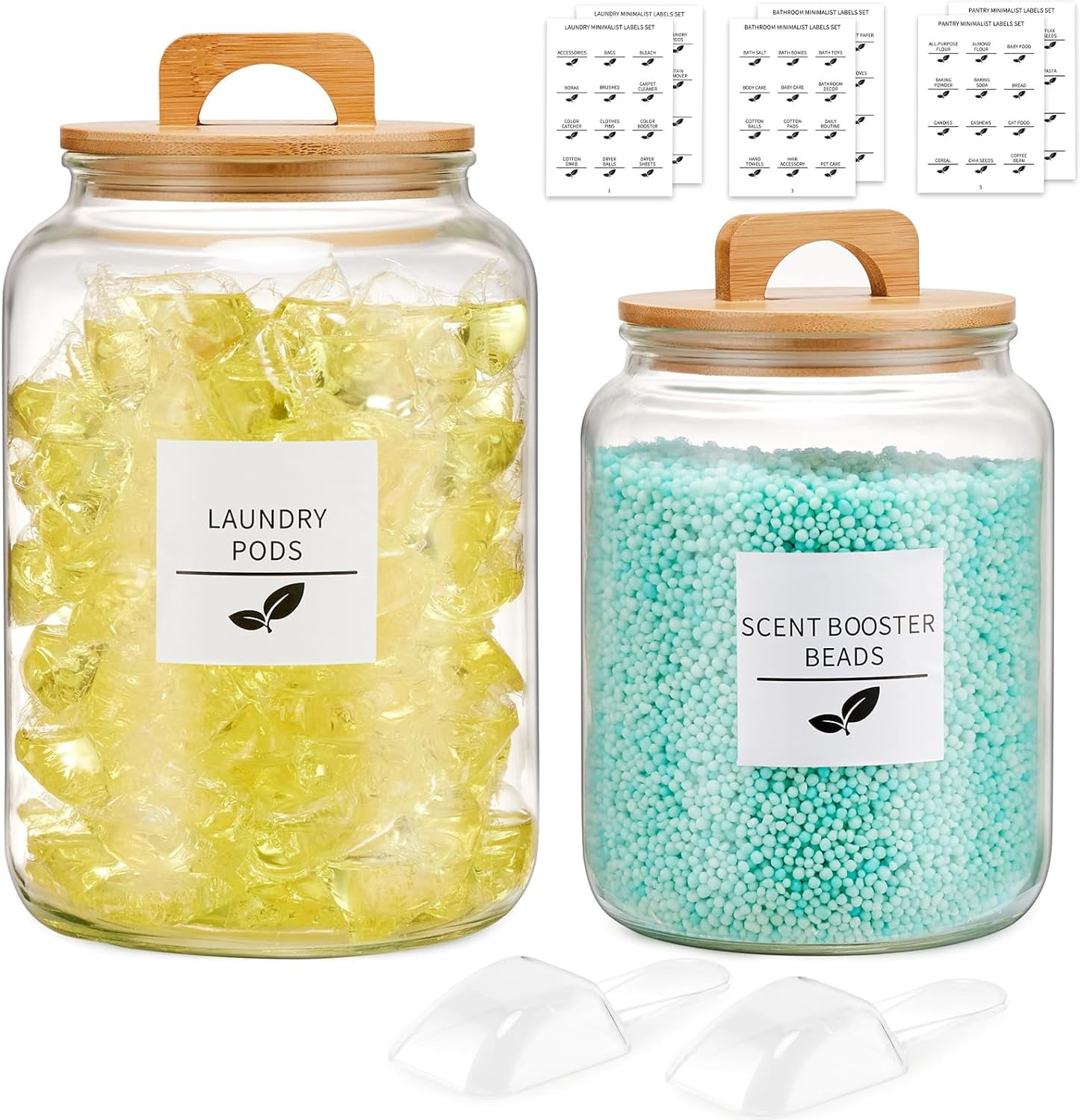 Laundry Room Organization Jars Set of 2 Glass Jars with Scoops&Lids