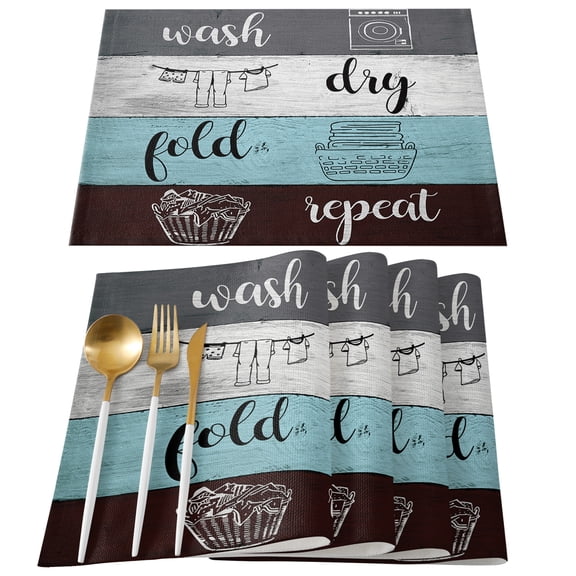 Laundry Room Placemats Set of 4, Wash Dry Fold Repeat Splicing Colorful Wood Placemats for Dining Table, Place Mats for Kitchen Tabletop, Waterproof Wipeable Dining Table Mats Set