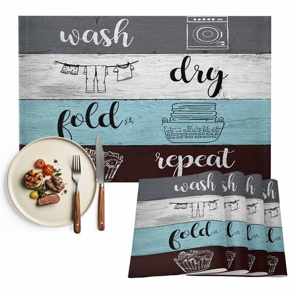 Laundry Room Quote Placemats Set of 8, Blue White Wood Texture Table Mats Washable Heat-Insulation Non-Slip Place Mats for Kitchen Dinner Table Indoor Outdoor Decor,13x19 Inch