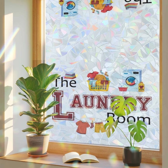 Laundry Room Quotes Theme Element Window Privacy Film, Rainbow Film Decorative Window Sticker 17.7x39.3in, White Background Sun Blocking Static Stained Glass Cling Tint Non-Adhesive