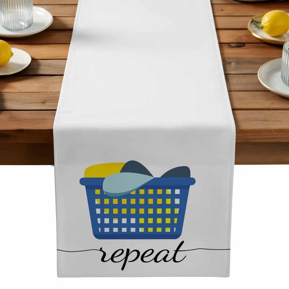 Laundry Room Repeat Table Runner, Blue Laundry Basket Kitchen Table Runners Dress Scarves for Table Decorations Party/Restaurant/Indoor Outdoor Use, 13x36in