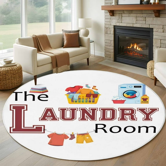 Laundry Room Round Area Rug 7 FT, Non Slip Living Room Area Carpet, Cartoon Washing Machine Clothes Washable Soft Circular Rug Non-Shedding Floor Carpet for Bedside Office Play Room Classroom