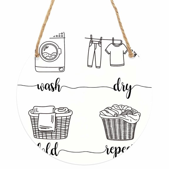 Laundry Room Round Front Door Welcome Sign, 5.9 Inch Wall Hanging Decor for Indoor Outdoor, Cartoon Wash Dry Fold Repeat Simple Lines Art Home Porch Hanger Decorations for Holiday Gift