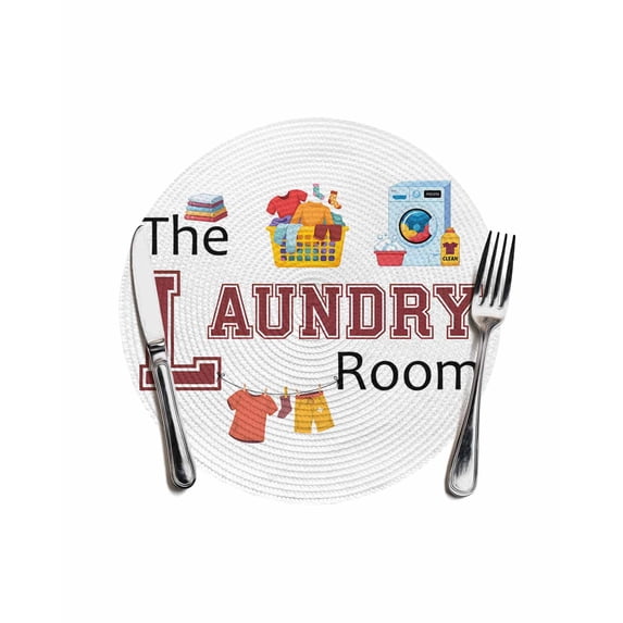 Laundry Room Round Placemats for Dinning Tables, Heat-proof Braided Table Mats 13 Inch, Cartoon Washing Machine Clothes Washable Place Mat for Kitchen Restaurant Party Decor Supplies Table Setting