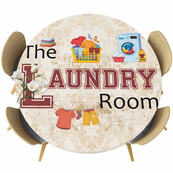 Laundry Room Round Tablecloth 36-44 Inch Round Fitted Table Cloth with Elastic Edge, Rustic Farmhouse Washing Machine Clothes Waterproof Table Cover Protector for Outdoor Picnic Party Dining
