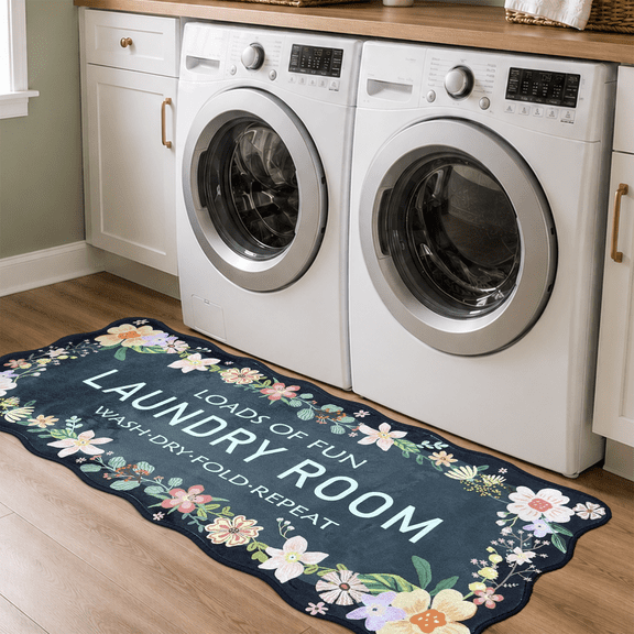 Laundry Room Rug 20x47inch Black Floral Boho Floor mat, Non Slip Washable Laundry Mat for Laundry Room Decor, Soft Cushioned Runner Rug for Farmhouse Kitchen, Mudroom, Basement