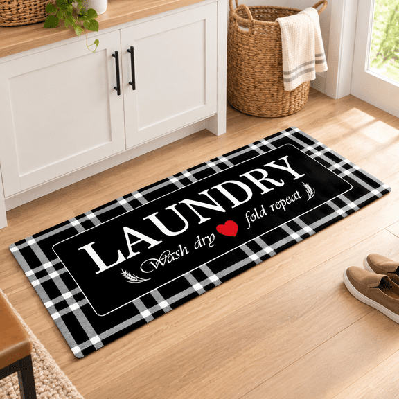 Laundry Room Rug Runner 17"x47" Plaid Non Slip Black Rugs Farmhouse Washable Floor Mats For Mudroom Kitchen Washroom Bathroom Ent
