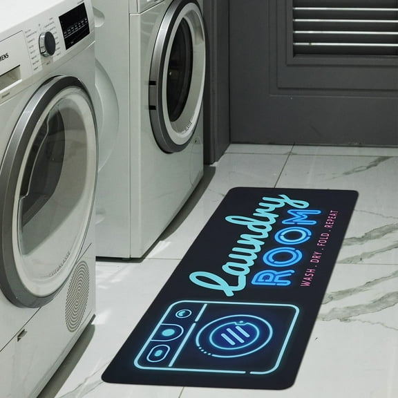 Laundry Room Rug Runner 48"x20"- Cool Unique Neon Style Black Area Rug Laundry Rug Mat Runner for Floor- Modern Long XL Large Non Slip Rug- Mint Blue Laundry Room Decor and Accessories Stuff