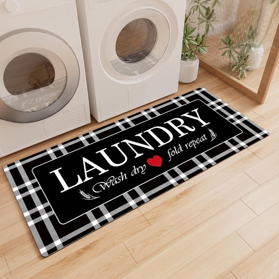 Laundry Room Rug Runner, Buffalo Plaid Non Slip Black Laundry Rugs, Farmhouse Washable Floor Laundry Mats for Laundry Room, Mudroom, Kitchen, Washroom, Bathroom, Entryway Rugs Decor