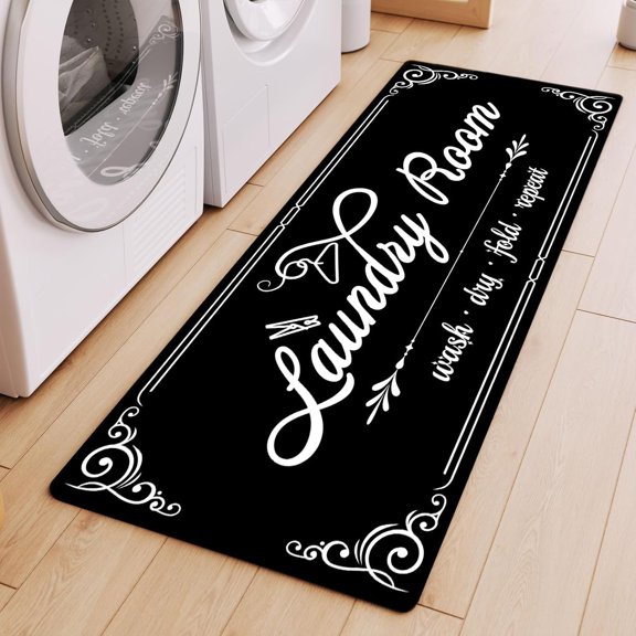 Laundry Room Rug Runner, Non Slip Black Laundry Rugs, Farmhouse Washable Floor Laundry Mats for Laundry Room, Kitchen, Washroom, Bathroom, Mudroom, Hallway Entryway Decor