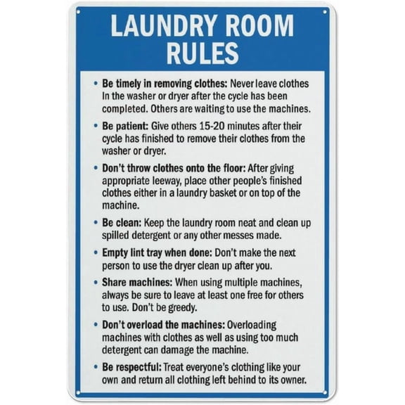 Laundry Room Rules 4 Sign 8"x12" Inches Rust Free Aluminum - Uv Protected, Waterproof, Weatherproof And Fade Resistant - 4 Pre-Drilled Holes