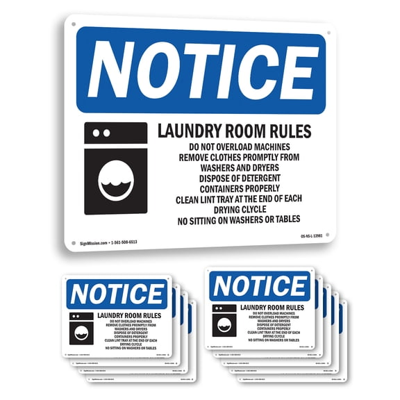 Laundry Room Rules Do Not Overload OSHA Notice Aluminum Sign 18 Inch x 12 Inch - 10 Pack