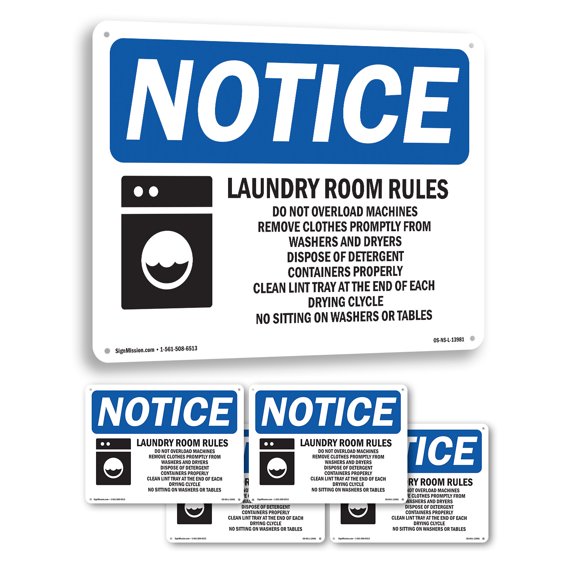 Laundry Room Rules Do Not Overload OSHA Notice Rigid Plastic Sign 10 Inch x 7 Inch - 5 Pack