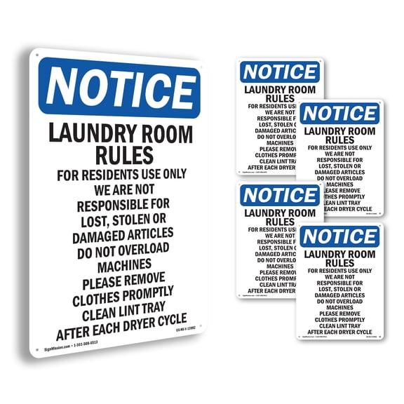 Laundry Room Rules For Residents OSHA Notice Aluminum Sign 14 Inch x 10 Inch - 5 Pack