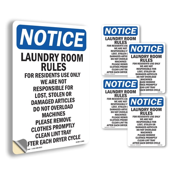 Laundry Room Rules For Residents OSHA Notice Vinyl Decal Label 10 Inch x 7 Inch - 5 Pack