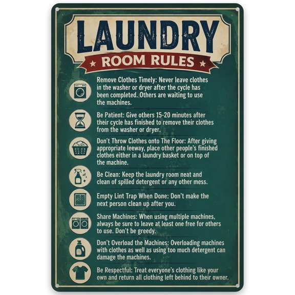 Laundry Room Rules Metal Wall Decor Sign 8x12 Inch Vintage Style Rustic Iron Plaque with Pre-Drilled Holes for Easy Hanging Decorative Sign for Indoor/Outdoor Use, Weather Resistant