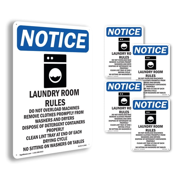 Laundry Room Rules OSHA Notice Aluminum Sign 24 Inch x 18 Inch - 5 Pack