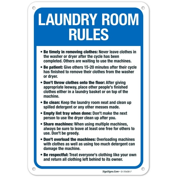 Laundry Room Rules Sign, 10x7 Inches, Rust .040 Aluminum, Fade , Made in