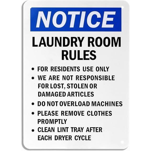 Laundry Room Rules Sign,“Resident Use, Not Responsible For Damage, Remove Promptly, Clean Lint” Notice Sign 12x8 Tin Sign