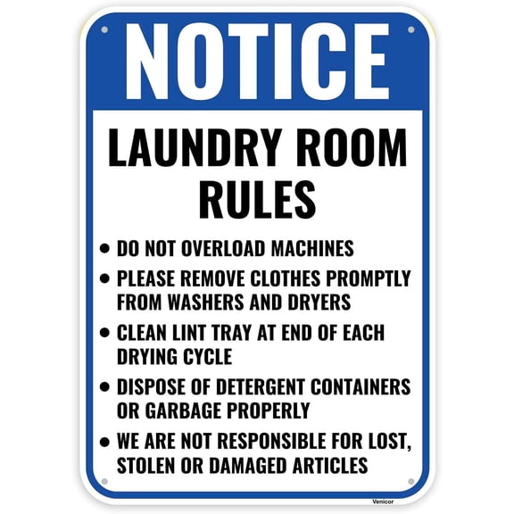 Laundry Room Rules Sign Will Be Towed, 12 x 8 Inches - Aluminum - Laundromat Signs/Without a frame