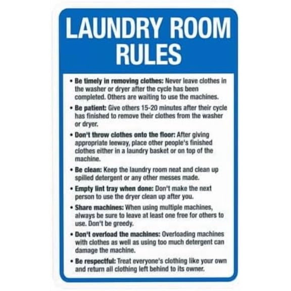 Laundry Room Rules Warning Sign, Room Security Metal Signs for Busines Home Outdoor Indoor Road Yard Garage Street Wall Caution Decor 8 x 12 Inch