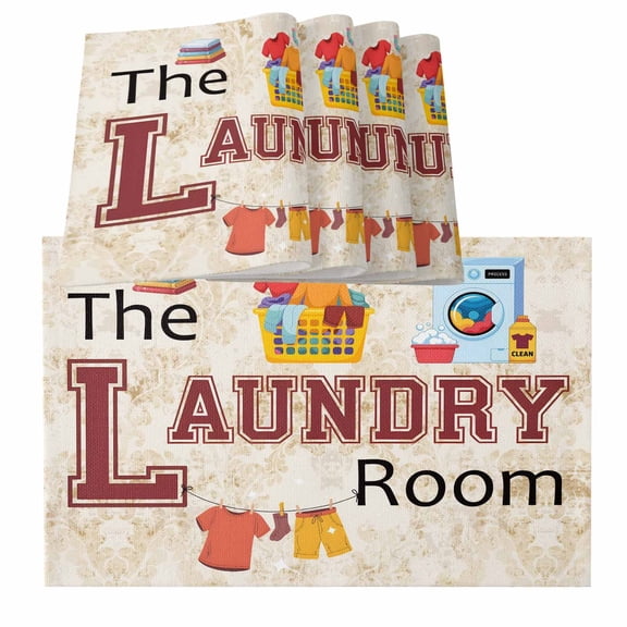 Laundry Room Rustic Farmhouse Washing Machine Clothes Burlap Kitchen Place Mats Waterproof Cloth Table Mats, Indoor Outdoor Placemats Easy Clean Dinner Decor