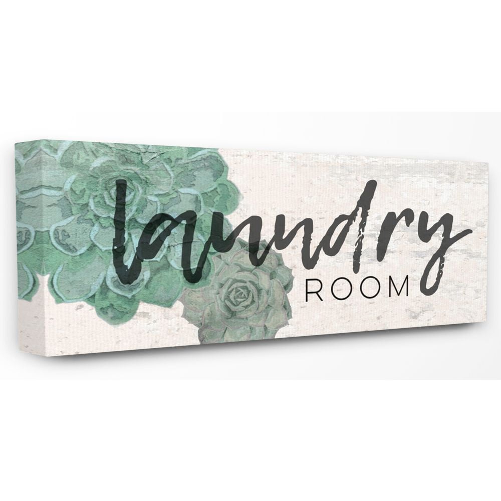 Laundry Room Sage Blue Green Succulents Soft Textured Paper Look Stretched Canvas Wall Art, 13 x 30