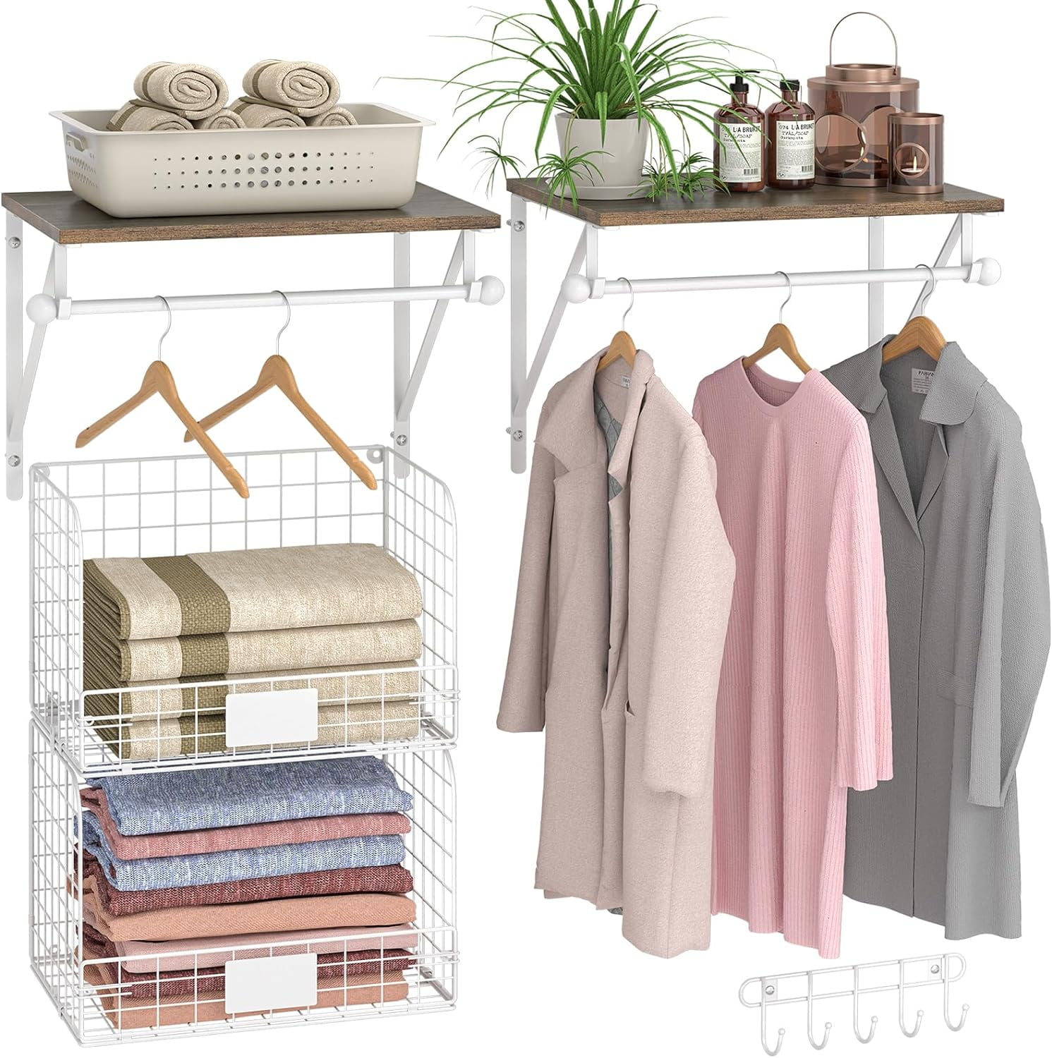 2-Pack 3-Tier Wall-Mounted Wire Shelves – Over Washer/Dryer, Laundry Room Storage, With Removable Wood Board & Hooks