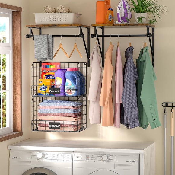 Wall Mounted Laundry Room Shelves with Wire Baskets and Drying Rods, Over Washer Dryer Storage Organizer, Wood Metal Black