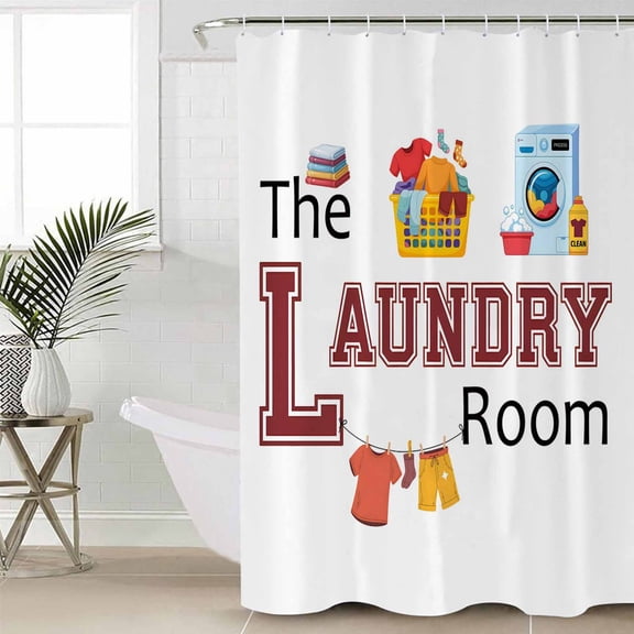 Laundry Room Shower Curtain Set, Waterproof Shower Curtains for Bathroom, Cartoon Washday Washing Machine Clothes Washable Fabric Cloth Bath Curtain for Bathtub Decoration with Hooks 72x78 Inches