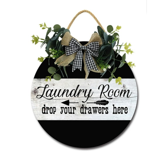 Laundry Room Sign Front Door Porch Decorations, Round Rustic Wood Hanging Sign for Farmhouse Porch Outdoor Home Holiday Front Door Sign Decor