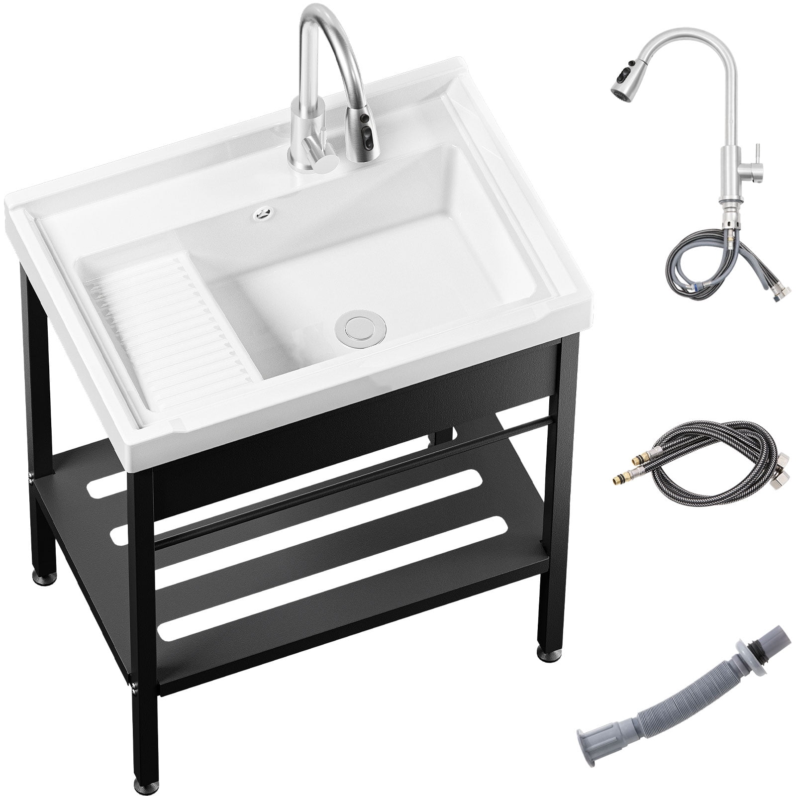 Laundry Room Sink, 26.8" × 17.7" × 34.3" Ceramic Utility Sink with Built-in Washboard, Complete Freestanding Basin with Hot & Cold Water Faucet, Water Hoses and Drain Assembly Kit, Ideal