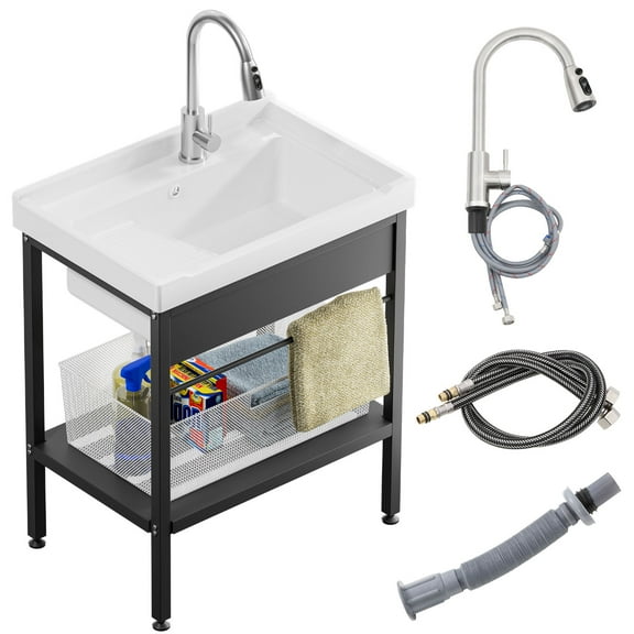Laundry Room Sink,26.8"  17.7"  34.3" Ceramic Utility Sink with Washboard Set,Freestanding Sink with Cold and Hot Water Faucet, Hoses and Drain Kit for Laundry Room, Basement, Outdoor and Indoor