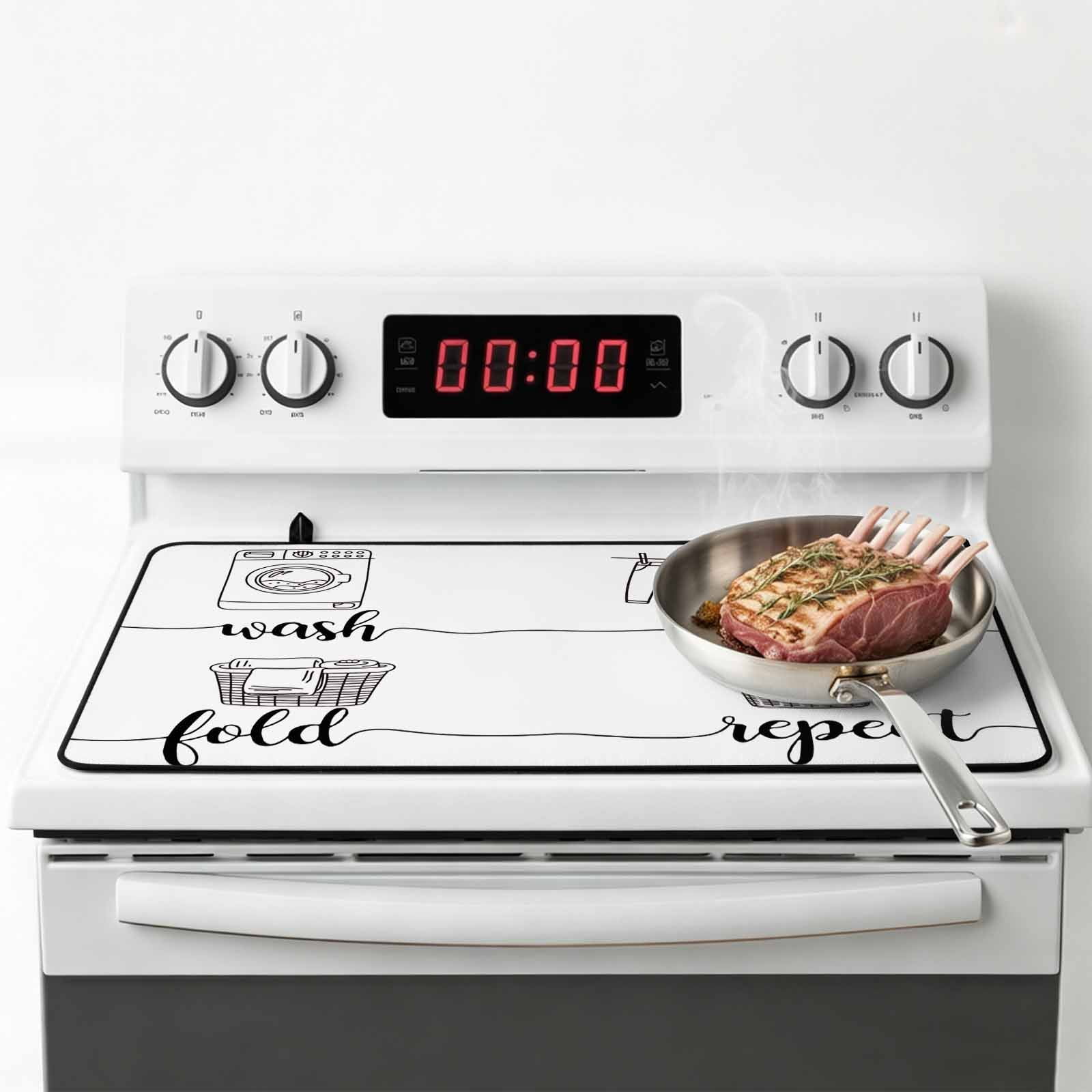 Laundry Room Stove Top Cover for Electric Stove, Heat-proof & Non Slip Glass Top Stove Cover Protector, Cartoon Wash Dry Fold Repeat Simple Lines Art Kitchen Flat Cooktop Rubber Mat 24x21 Inches