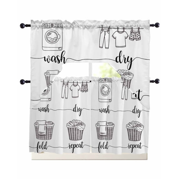 Laundry Room Swag Kitchen Curtains Sets for Windows 24 Inch Length, Cartoon Wash Dry Fold Repeat Simple Lines Art Short Window Curtain Panels Swags Valances and Tiers 3 Piece Set for Cafe/Dining Room