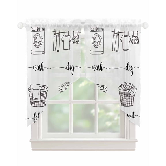Laundry Room Swag Valances for Windows, Cartoon Wash Dry Fold Repeat Simple Lines Art Rod Pocket Sheer Valances for Windows, Swag Toppers Light Filtering for Kitchen Living Room 2 Panels 28''x36''