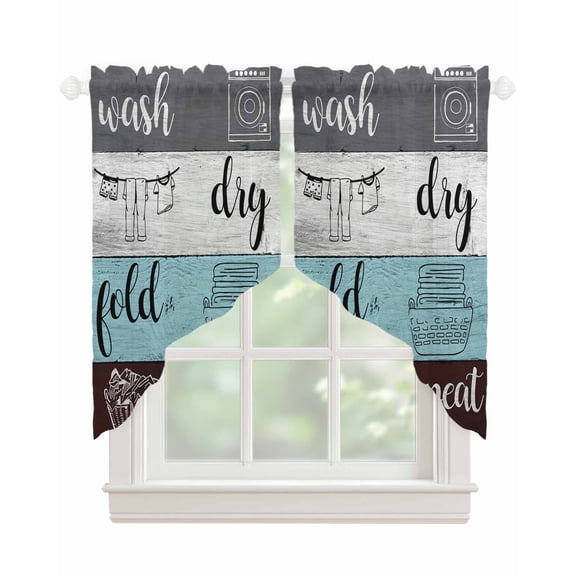Laundry Room Swag Valances for Windows, Wash Dry Fold Repeat Splicing Colorful Wood Rod Pocket Sheer Valances for Windows, Swag Toppers Light Filtering for Kitchen Living Room 2 Panels 28''x36''