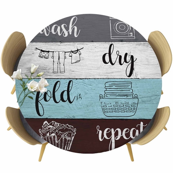 Laundry Room Table Cloth, Round Fitted Tablecloths with Elastic Edge, Wash Dry Fold Repeat Splicing Colorful Wood Wipeable Waterproof Table Cover for Kitchen Wedding 55-60 Inches
