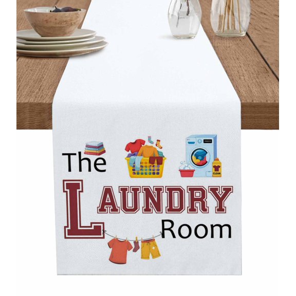 Laundry Room Table Runner 72 Inches, Cartoon Washing Machine Clothes Bed Runner Dresser Scarves Tabletop for Indoor Outdoor Parties/Ceremony/Banquet, 13" x 72"